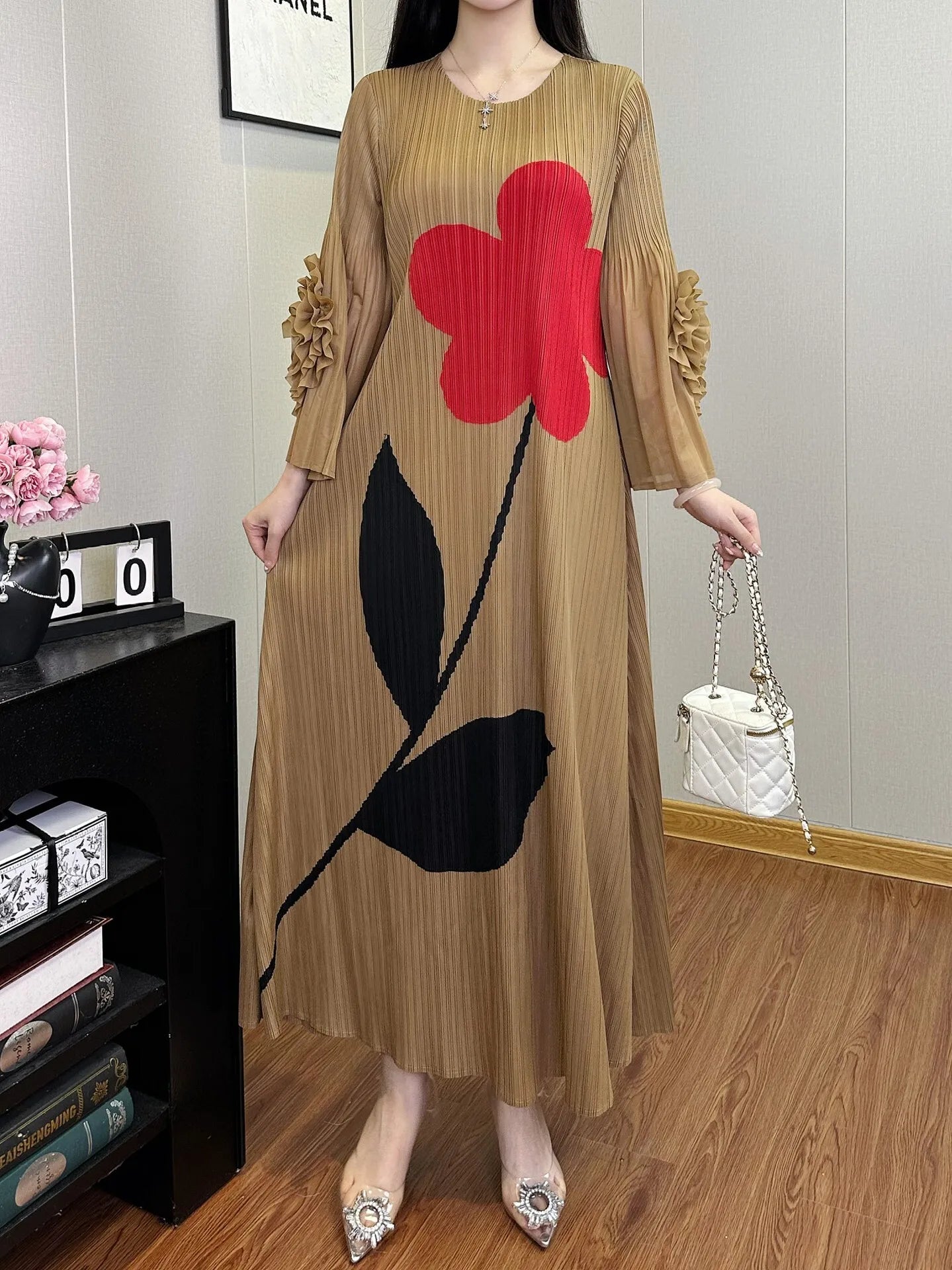 Luxe Flower Print Plisse Dress