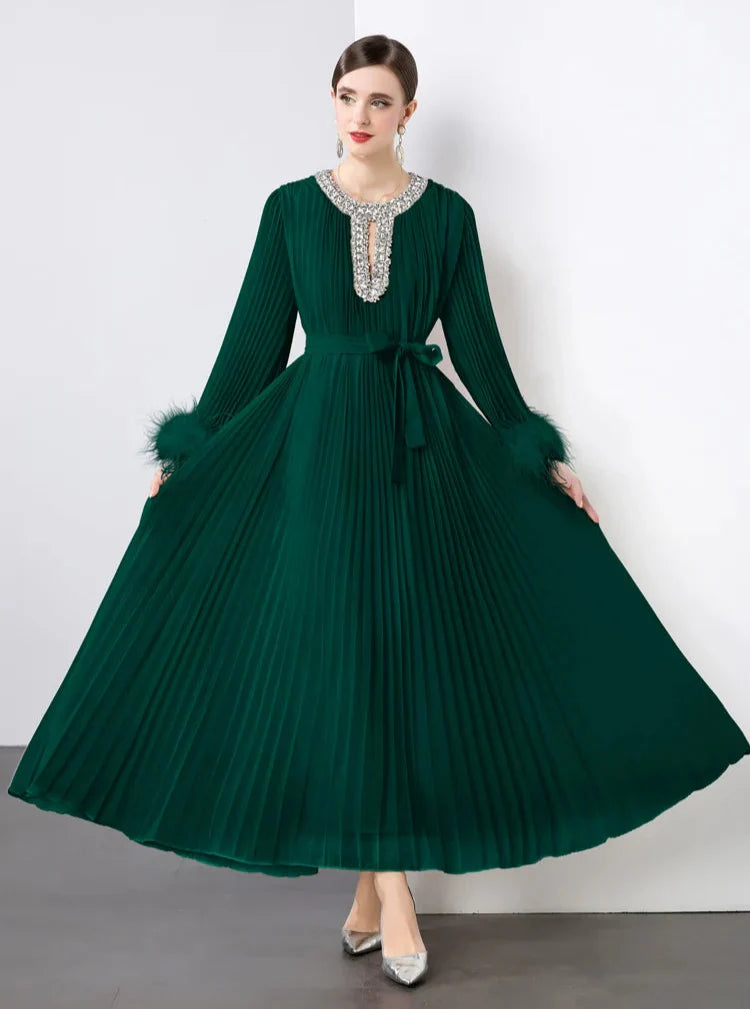 Plisse Faux Fur Crystal Dress