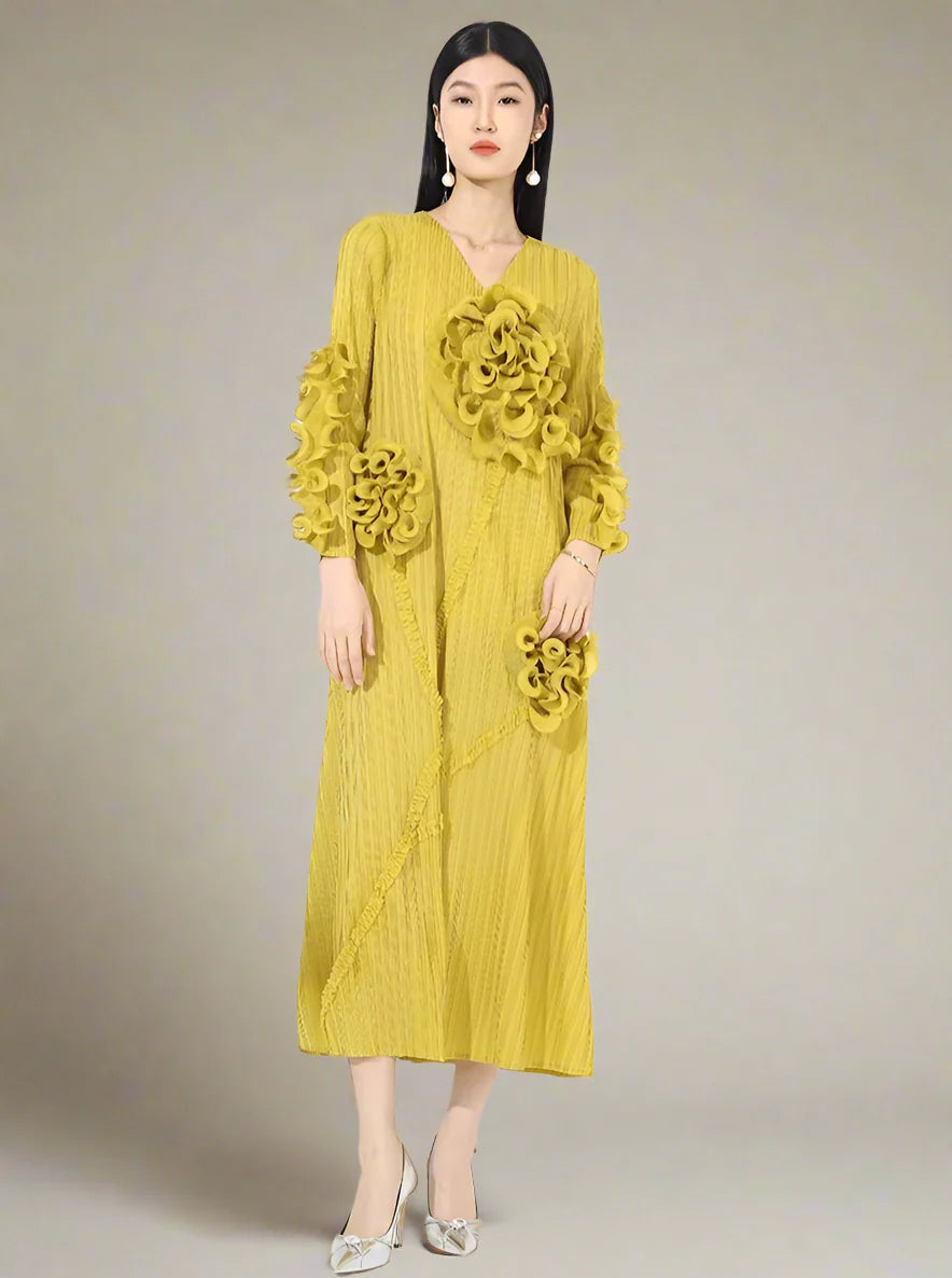 Pleated 3D Ruffle Floral Dress