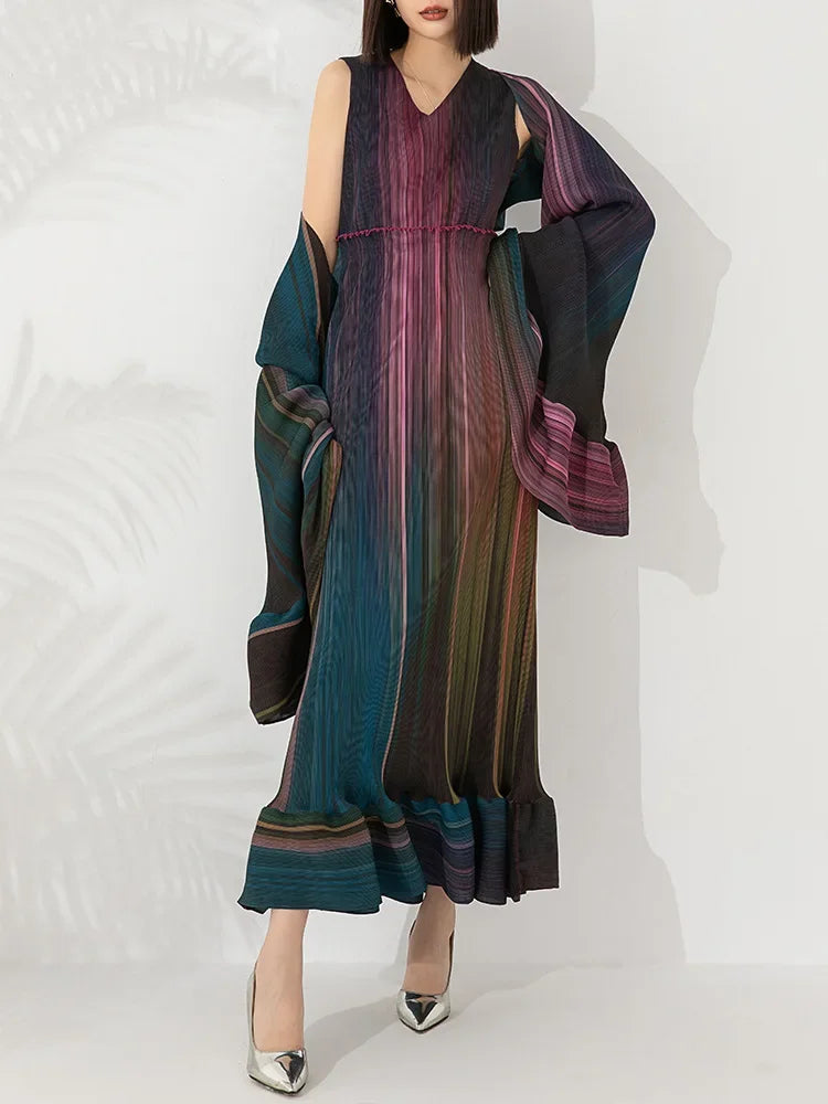 Women's Chic Pleated Sleeveless Midi Dress & Shawl Set