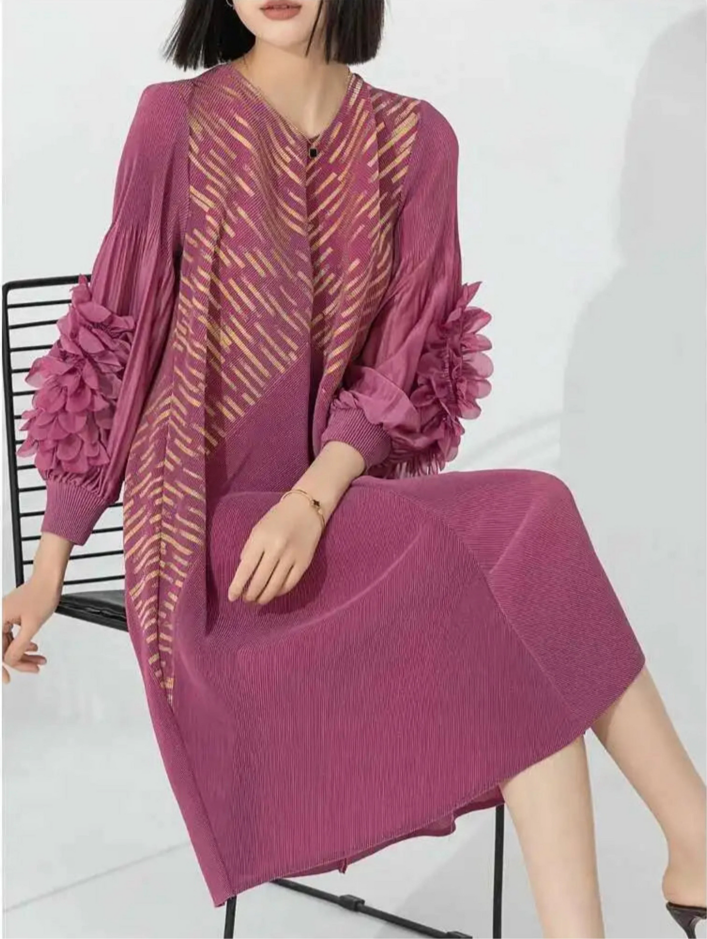 Luxury Plissé Floral Sleeve Dress