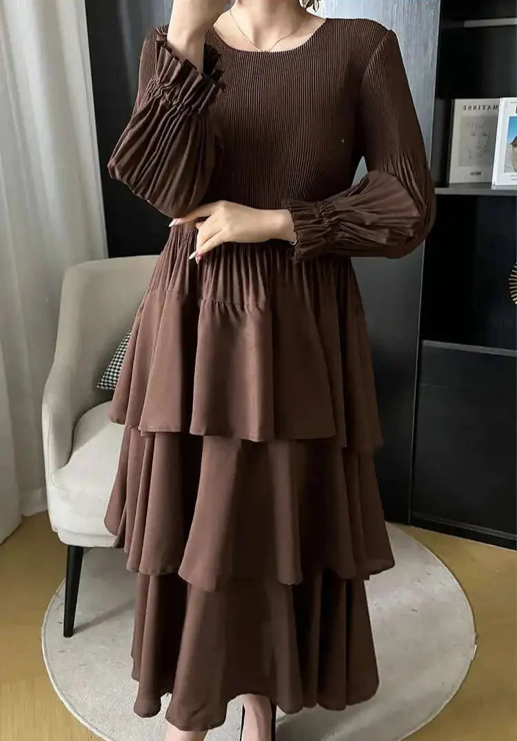 Pleated Lantern Sleeve Ruffle Dress