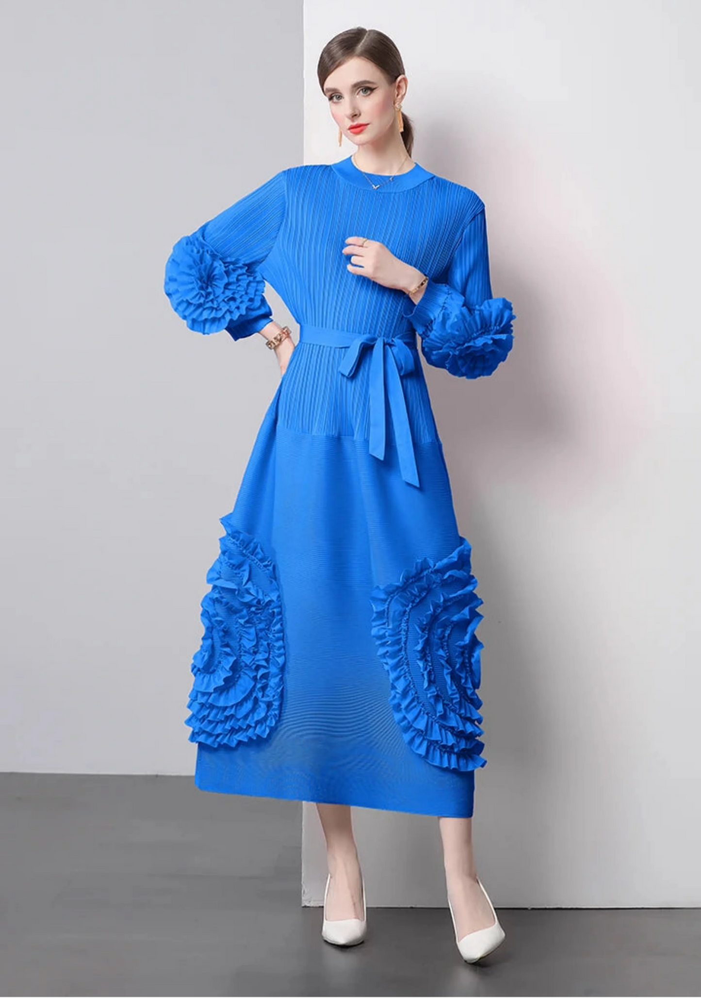 Plisse Floral Bubble Sleeve Dress