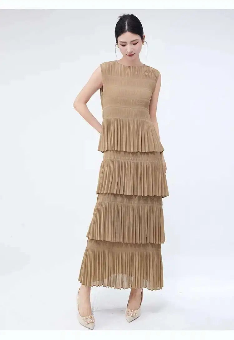 Unique Tiered Pleated Sleeveless Dress