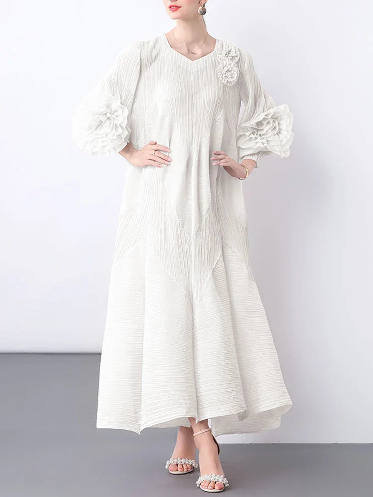 Floral Bell Sleeve Pleated Dress