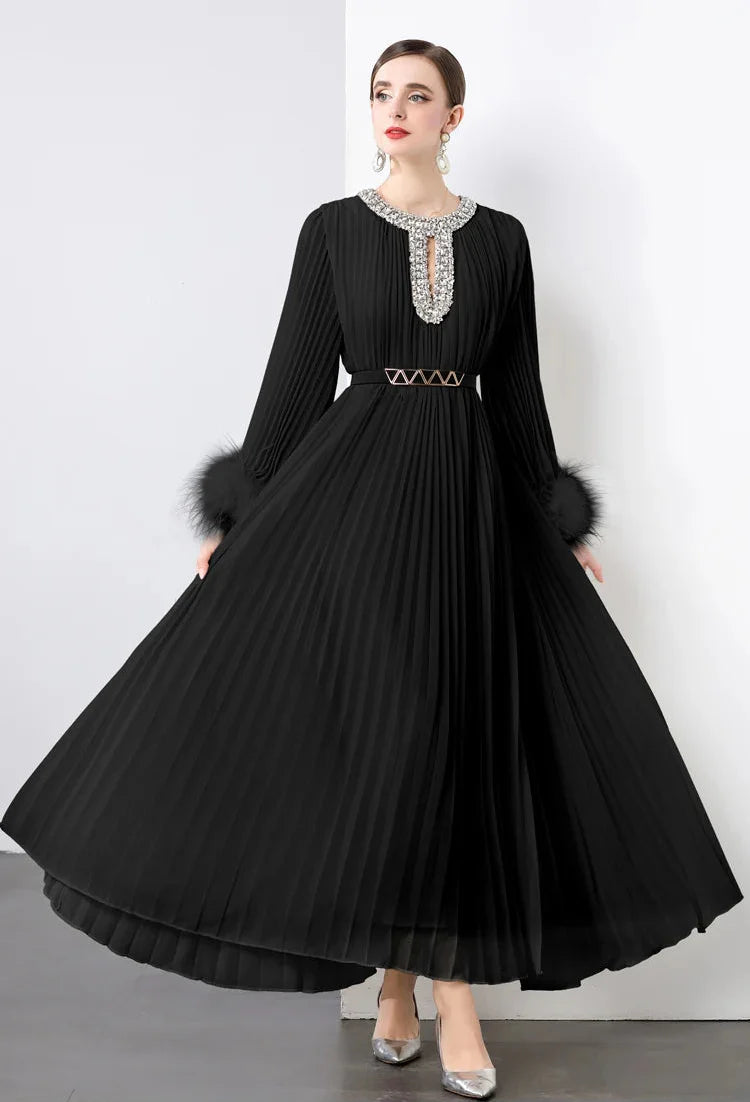 Plisse Faux Fur Crystal Dress
