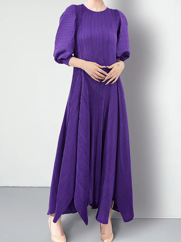 Plissé Pleated Puff Sleeve Dress