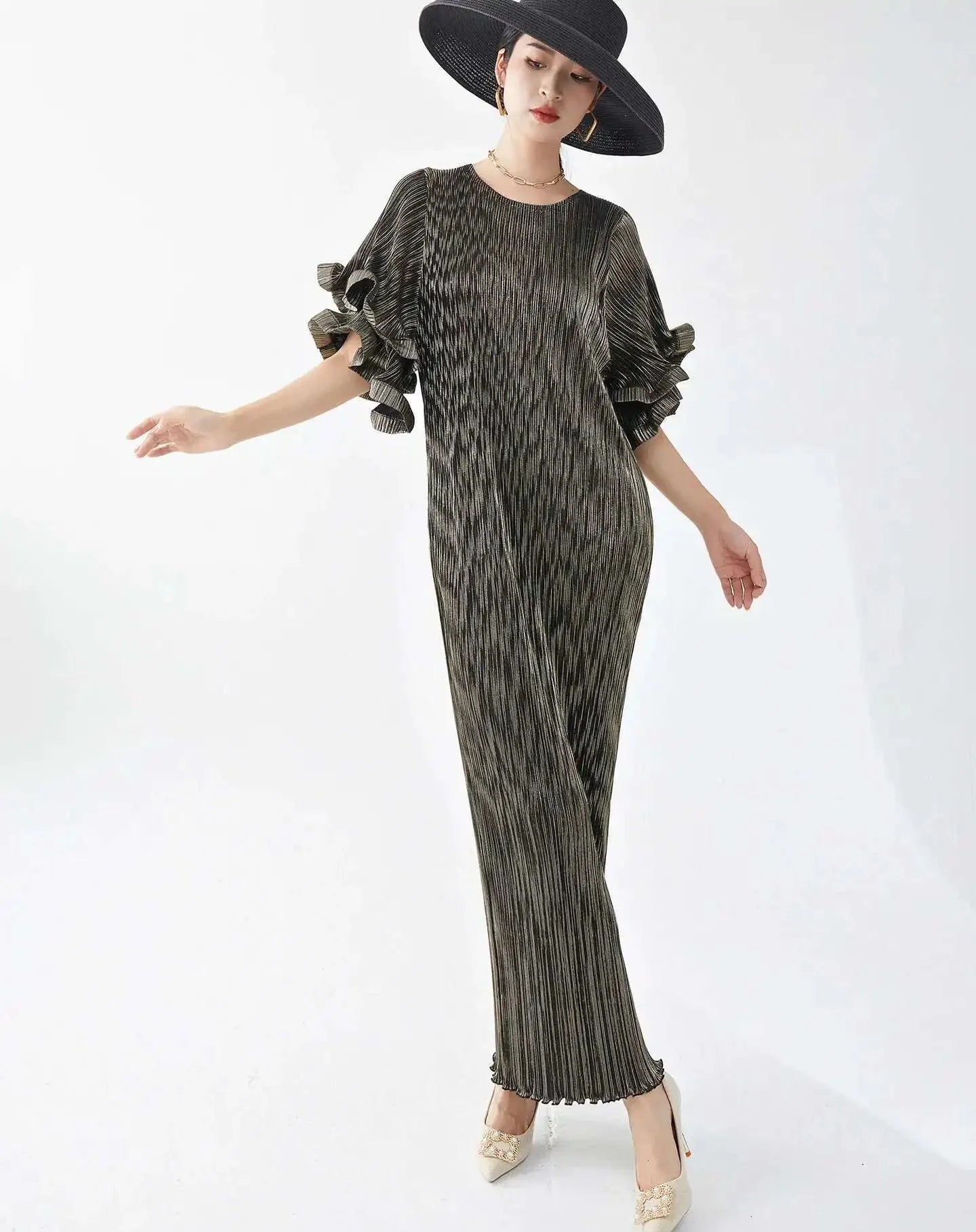 Luxury Pleated Flare Sleeve Dress