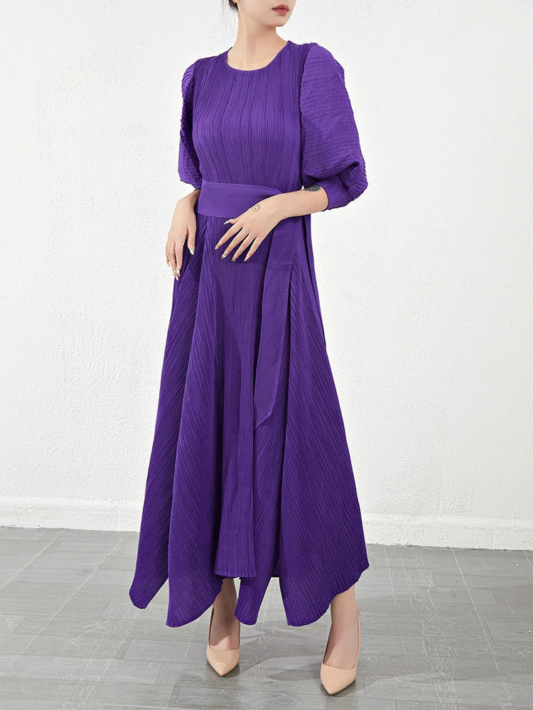 Plissé Pleated Puff Sleeve Dress