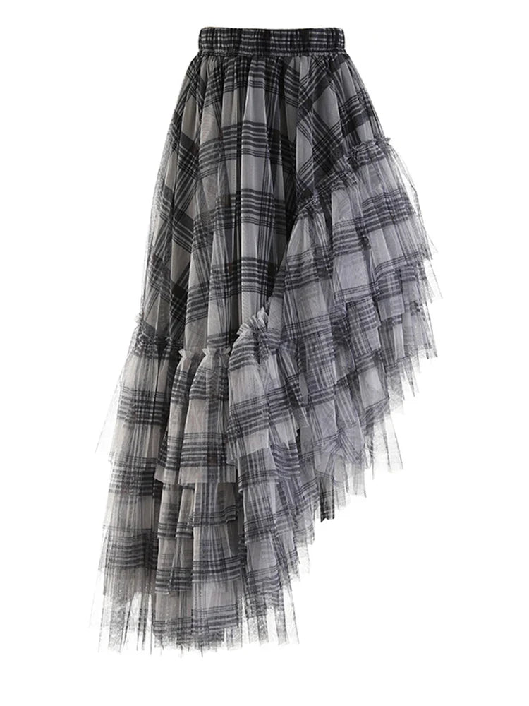 Plaid Asymmetric Tulle Pull-On Skirt