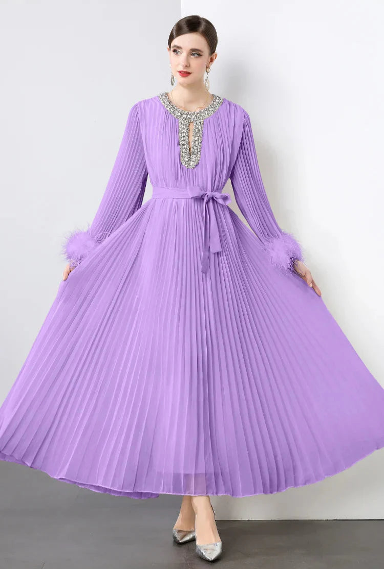 Plisse Faux Fur Crystal Dress