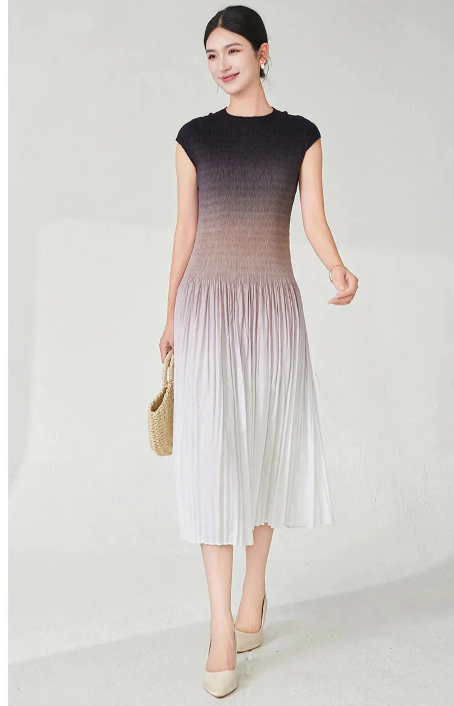 Designer Ombre Pleated Midi Dress