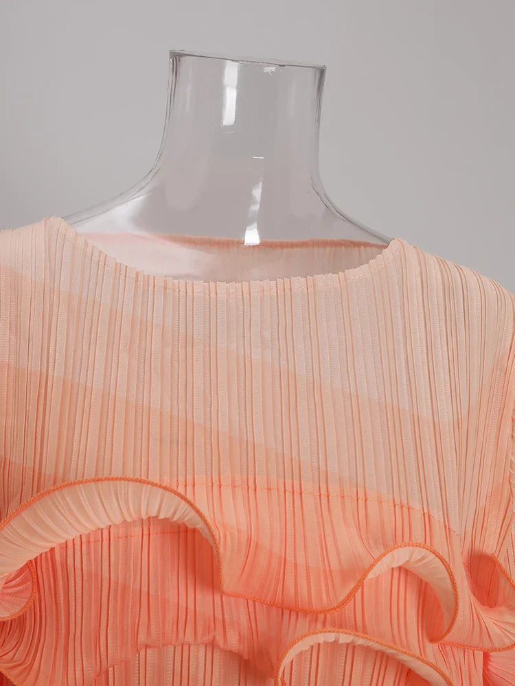 Ombre Pleated Ruffle Long Dress