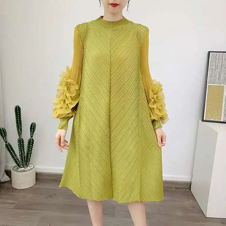 Luxury Pleated Floral Ruffle Dress