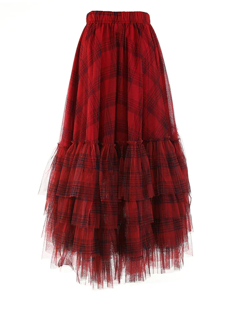 Plaid Asymmetric Tulle Pull-On Skirt