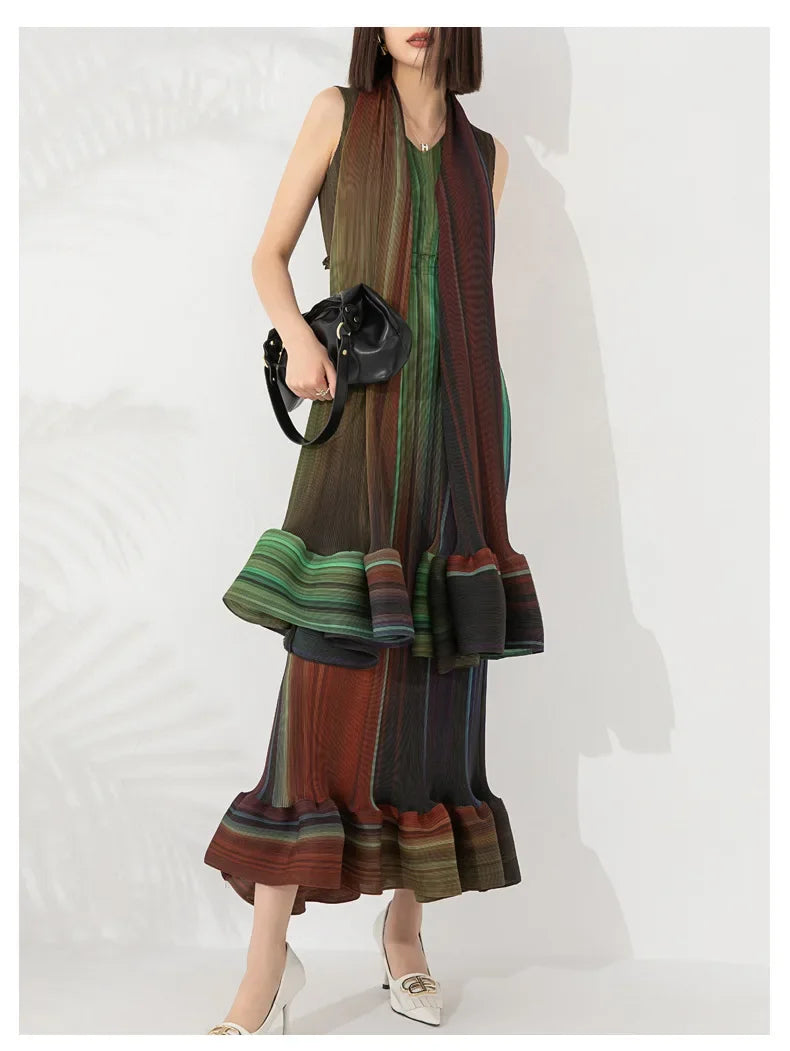 Women's Chic Pleated Sleeveless Midi Dress & Shawl Set