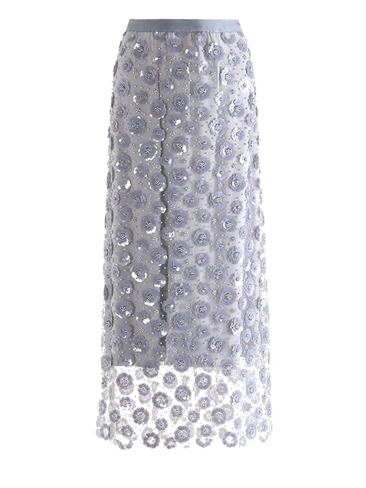 Elegant Floral Sequin Mesh Skirt