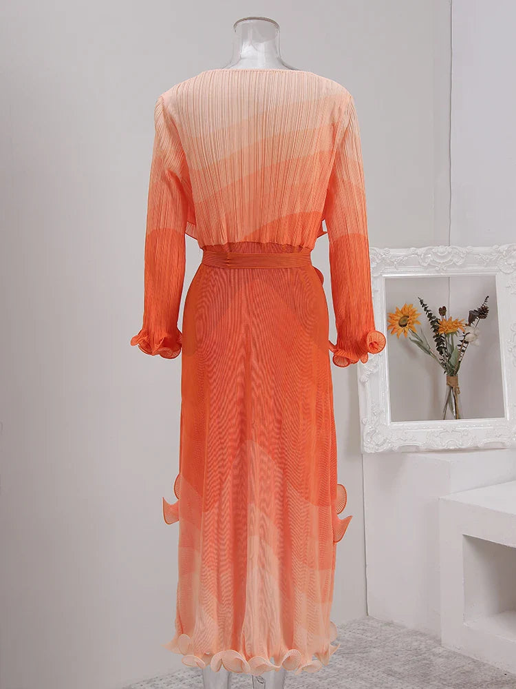 Ombre Pleated Ruffle Long Dress