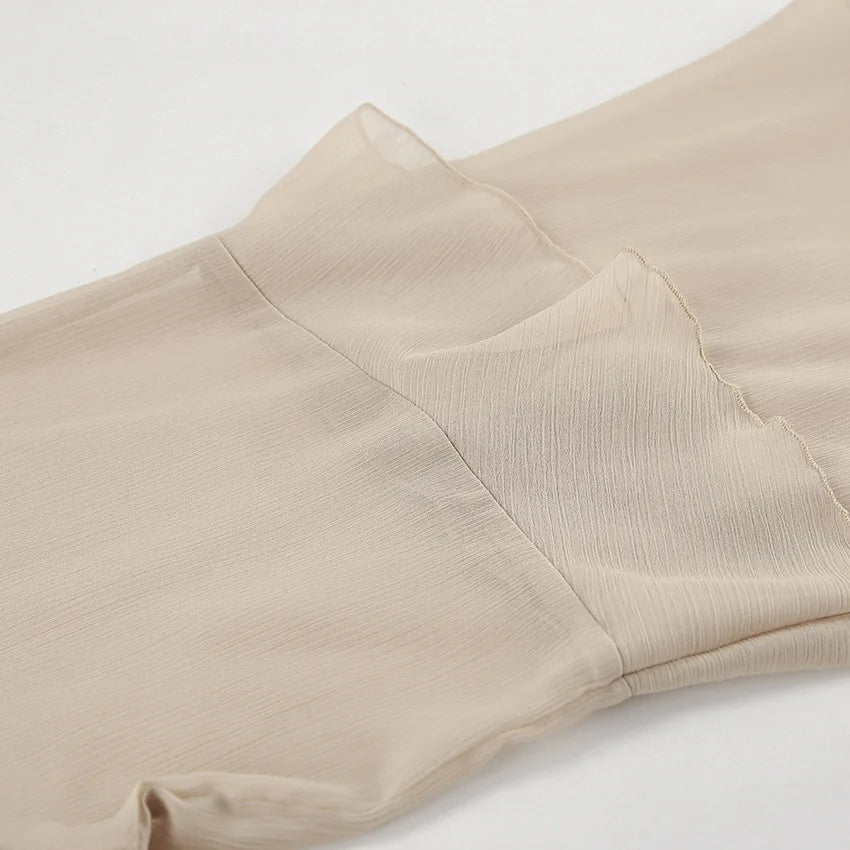 Luxe Sheer Beige Flowing Dress - Ruffled Long Sleeve