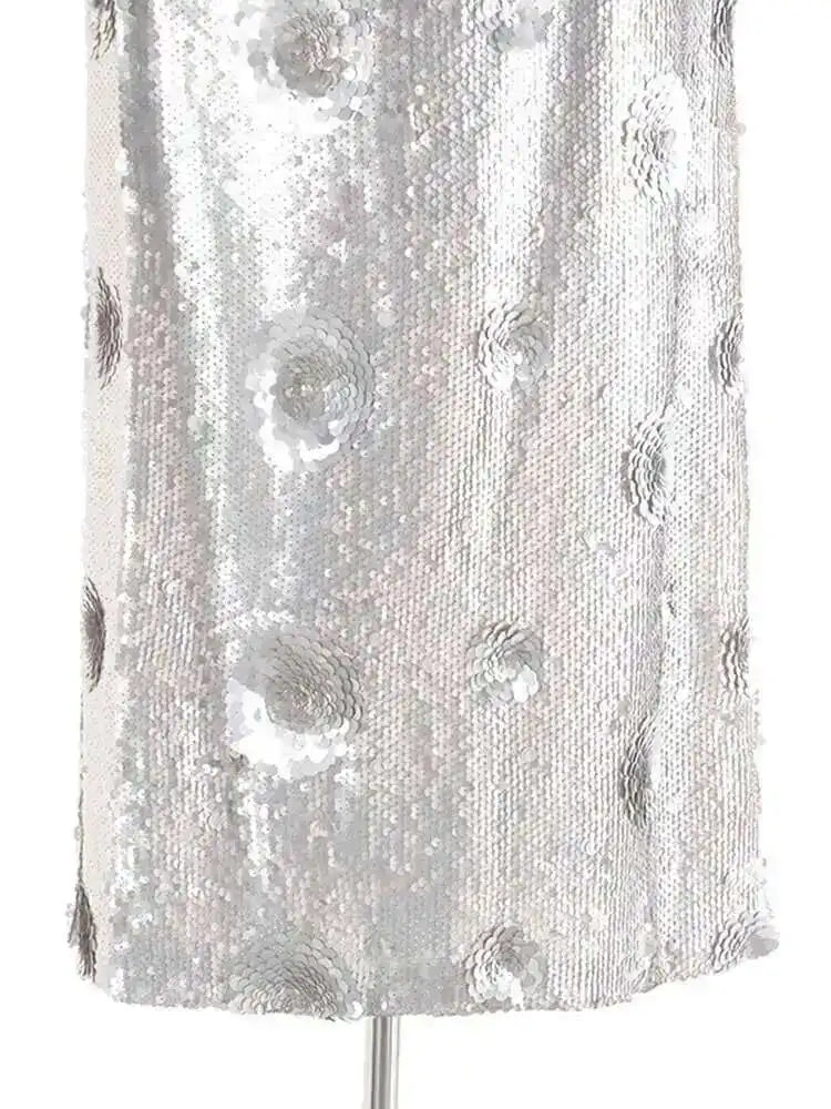 Luxury Silver Sequin Midi Skirt