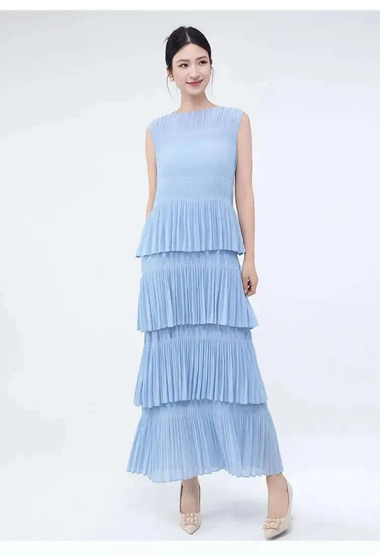 Unique Tiered Pleated Sleeveless Dress