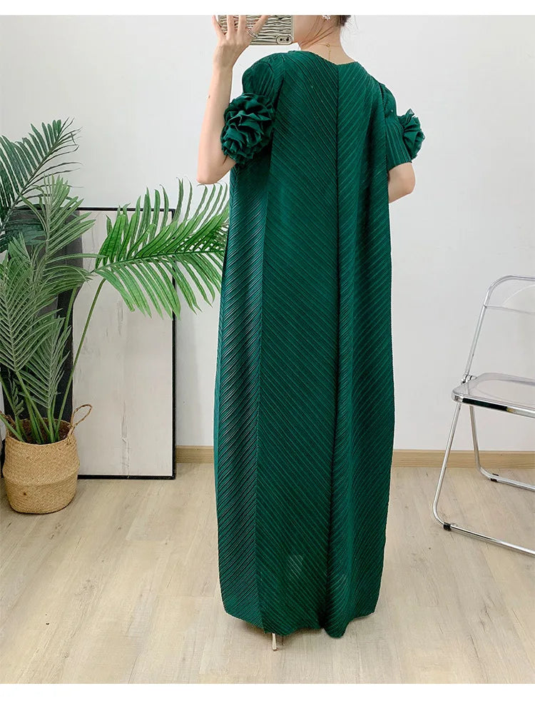 Luxe Floral Short Sleeve Plissé Pleated Long Dress