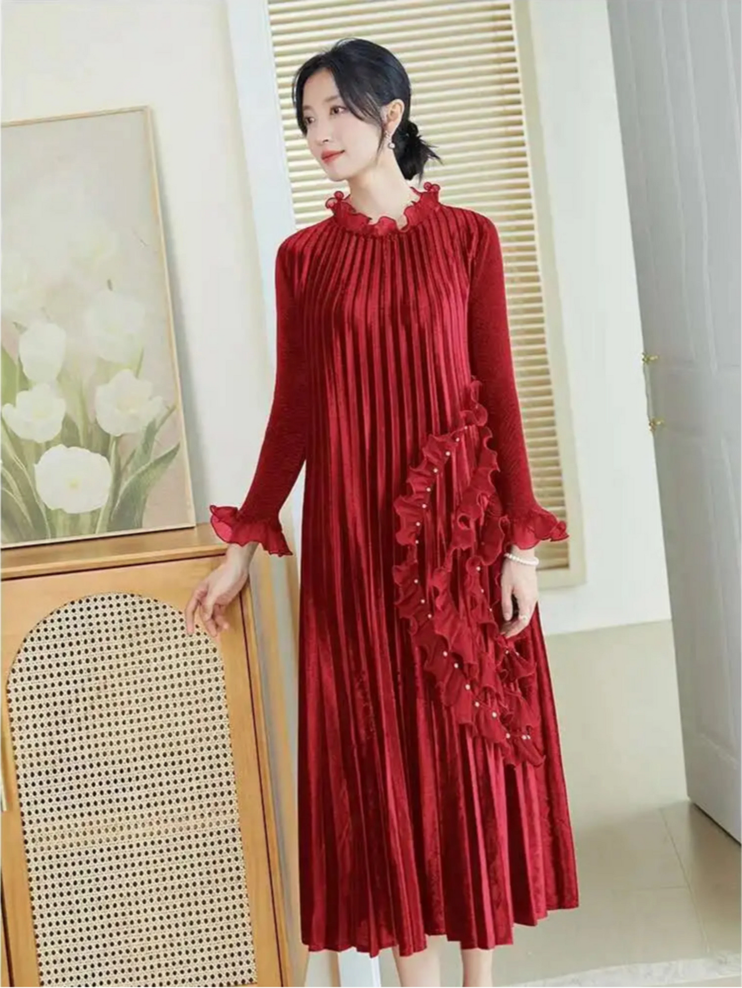 Truly Plissé Beaded Ruffle Dress