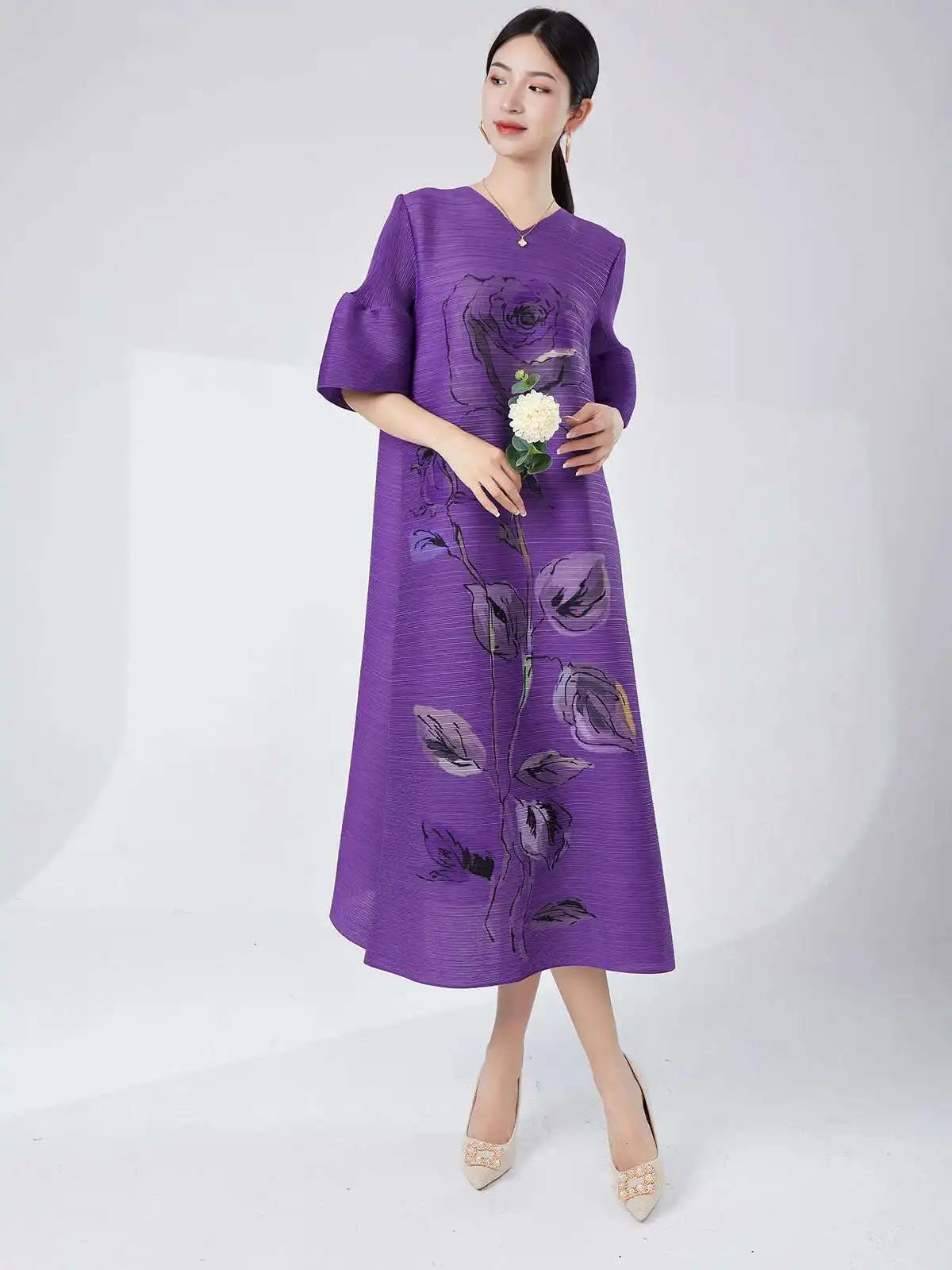 Rose Pleated Cape Sleeve Dress