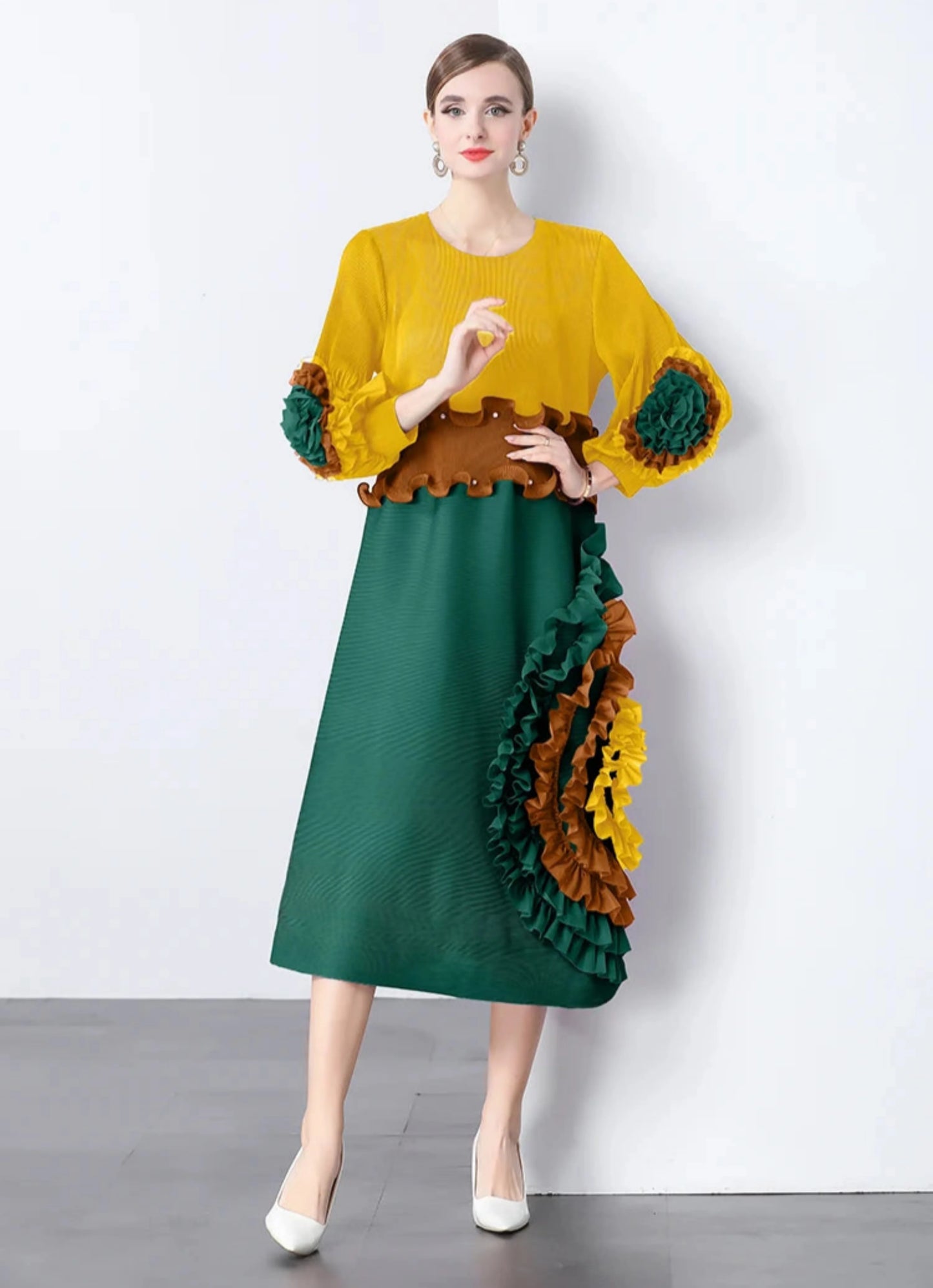 Ruffle Sleeve Plisse Dress