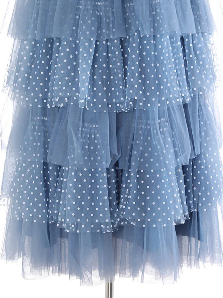 Luxe Denim and Tulle Ruffled Long Skirt