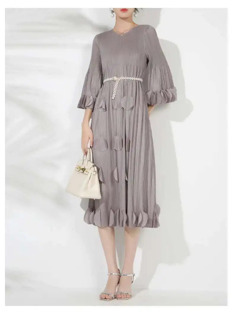 Premium Plissé 3/4 Sleeve Midi Dress