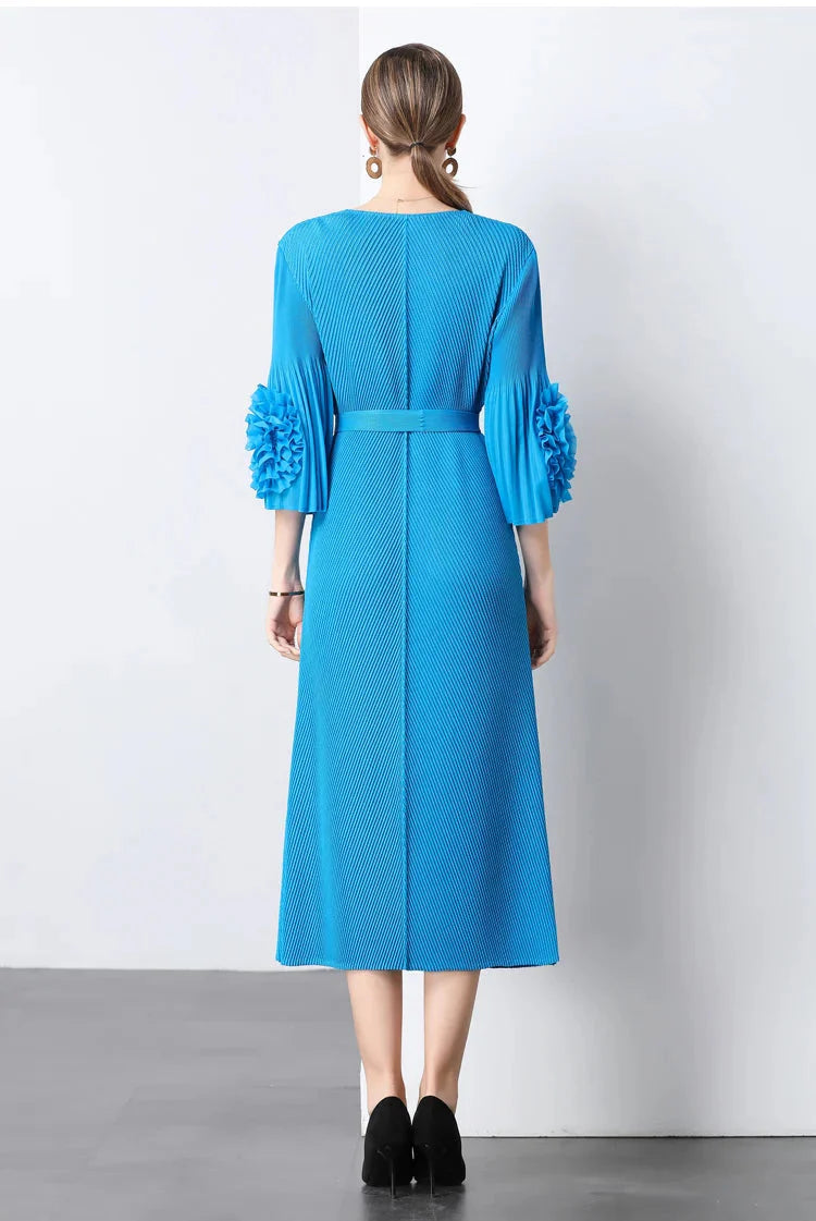 Floral Cape Sleeve Plisse Dress