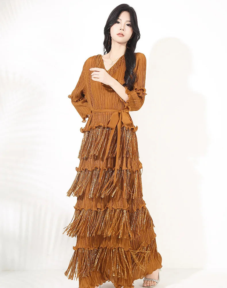 Plissé Japanese Fringe Midi Dress