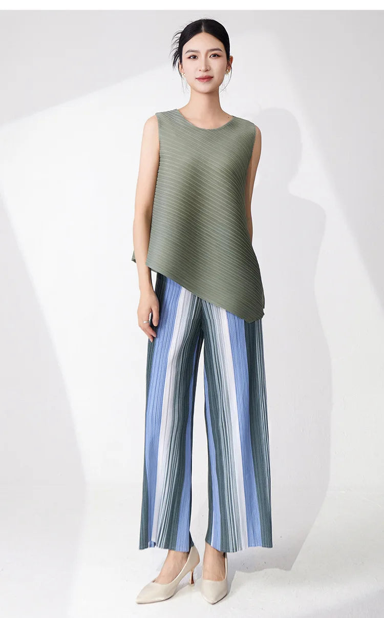 Striped Pleated Wide Leg Pants - Palazzo Style