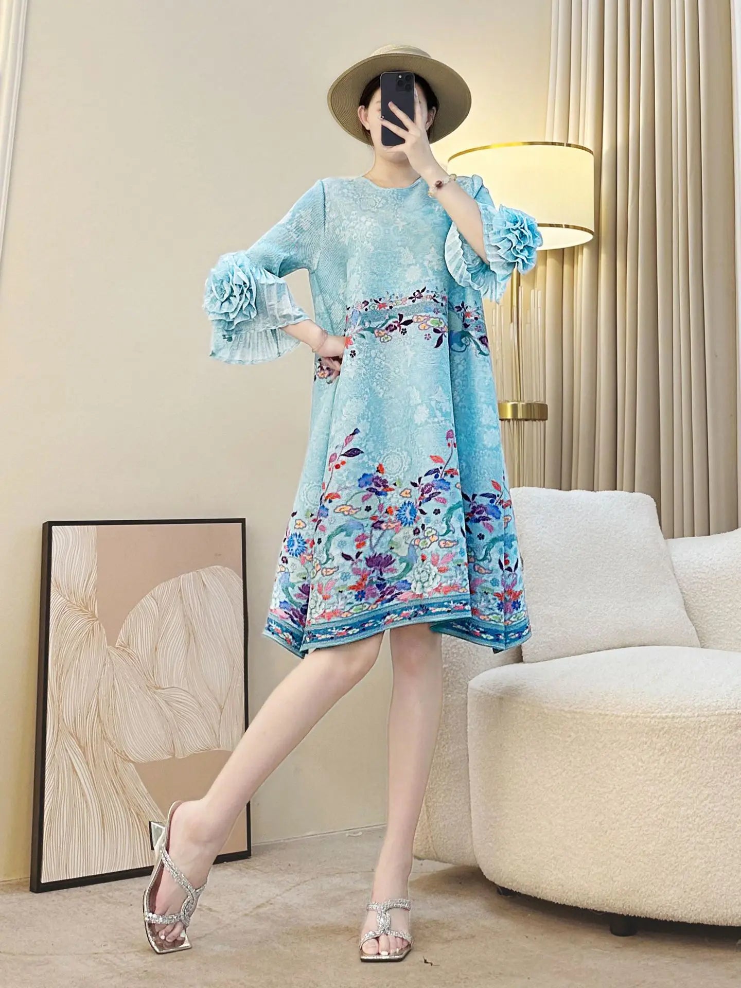 Luxe Plissé Floral Ruffle Dress