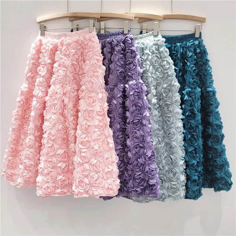Rose Tulle Romantic Flared Midi Skirt