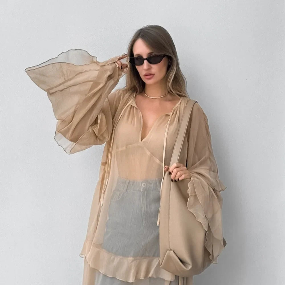Luxe Sheer Beige Flowing Dress - Ruffled Long Sleeve