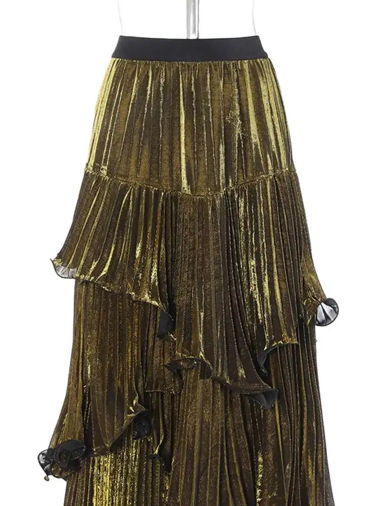 Metallic Tiered Midi Skirt