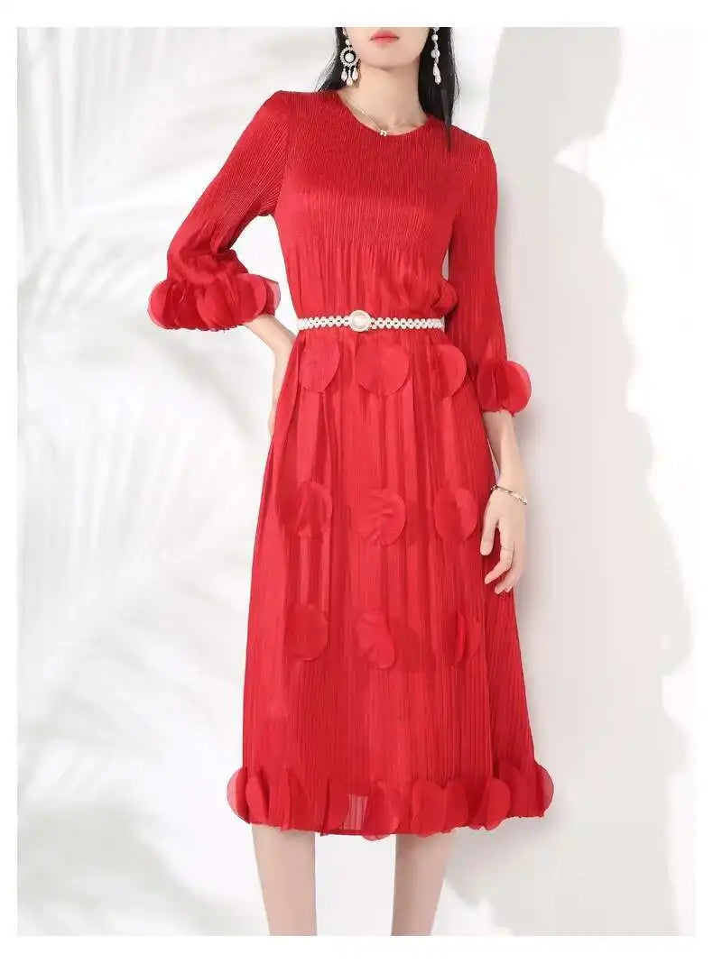 Premium Plissé 3/4 Sleeve Midi Dress