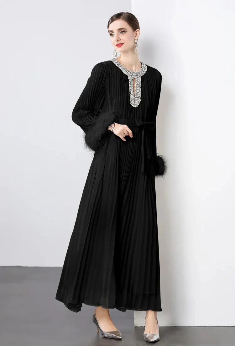 Plisse Faux Fur Crystal Dress