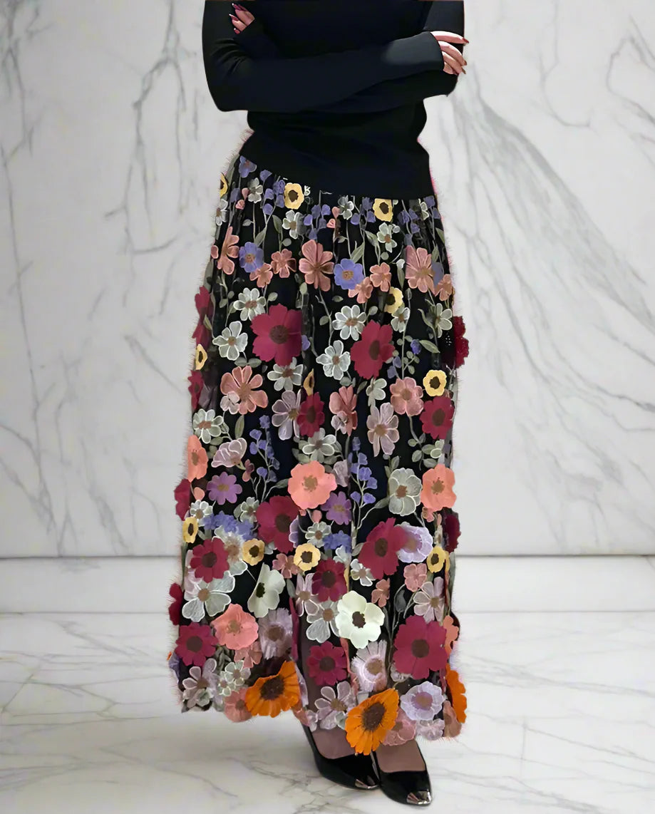 Luxury Floral Stretchy-Waist Skirt