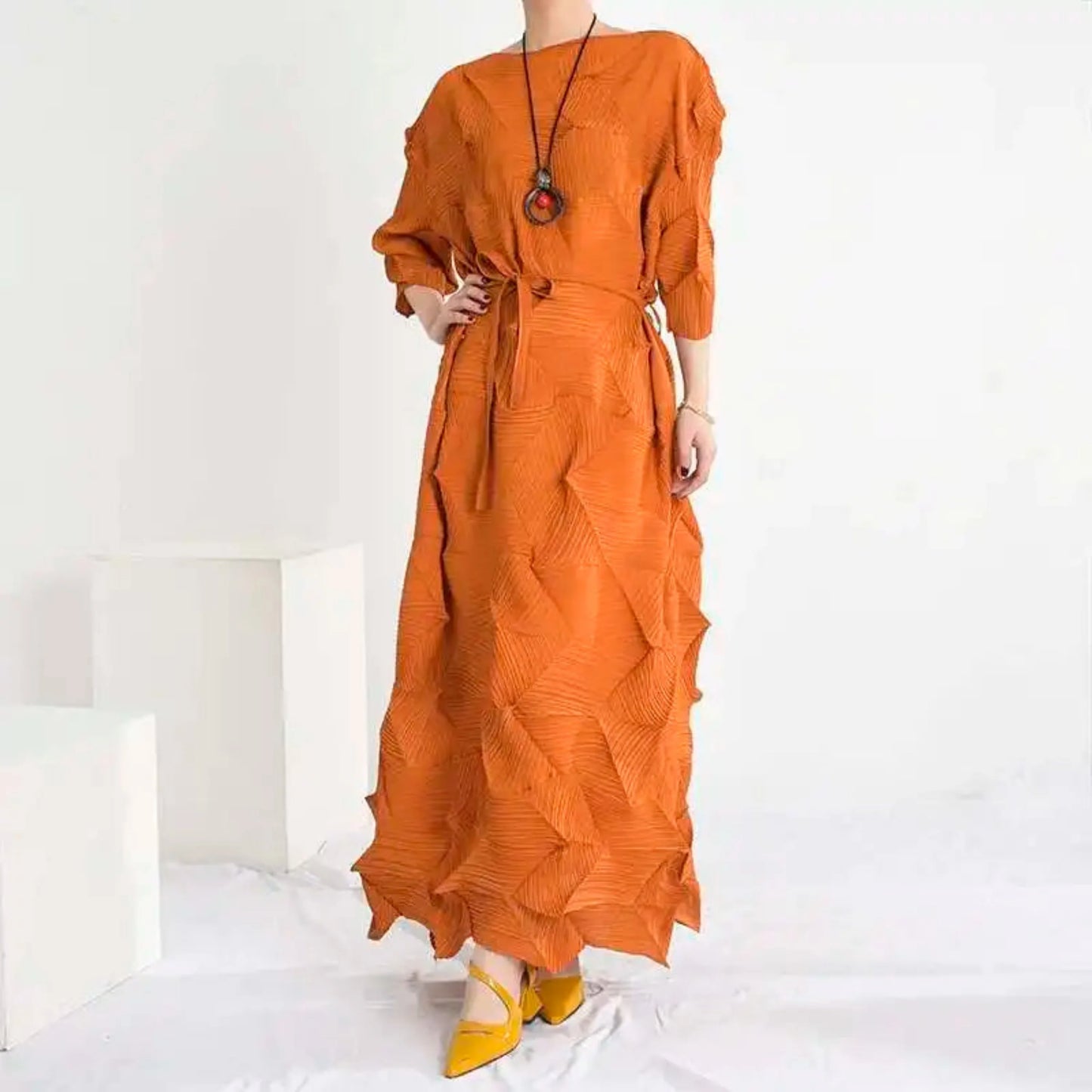 Plissé Geometric Midi Dress
