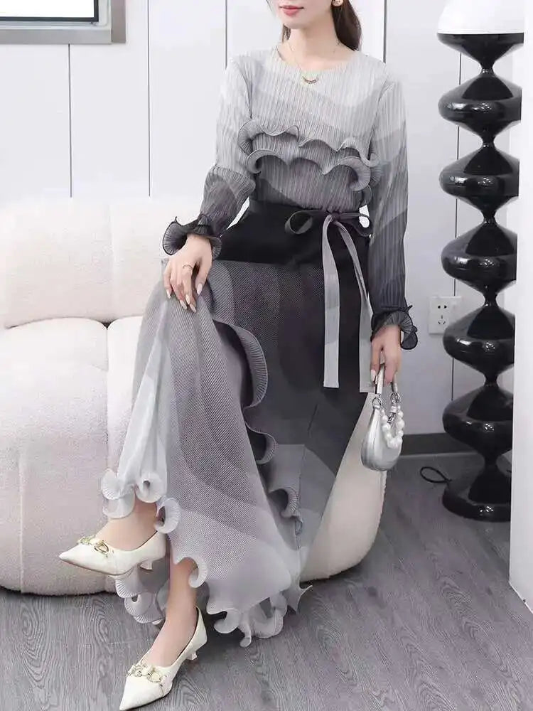 Ombre Pleated Ruffle Long Dress