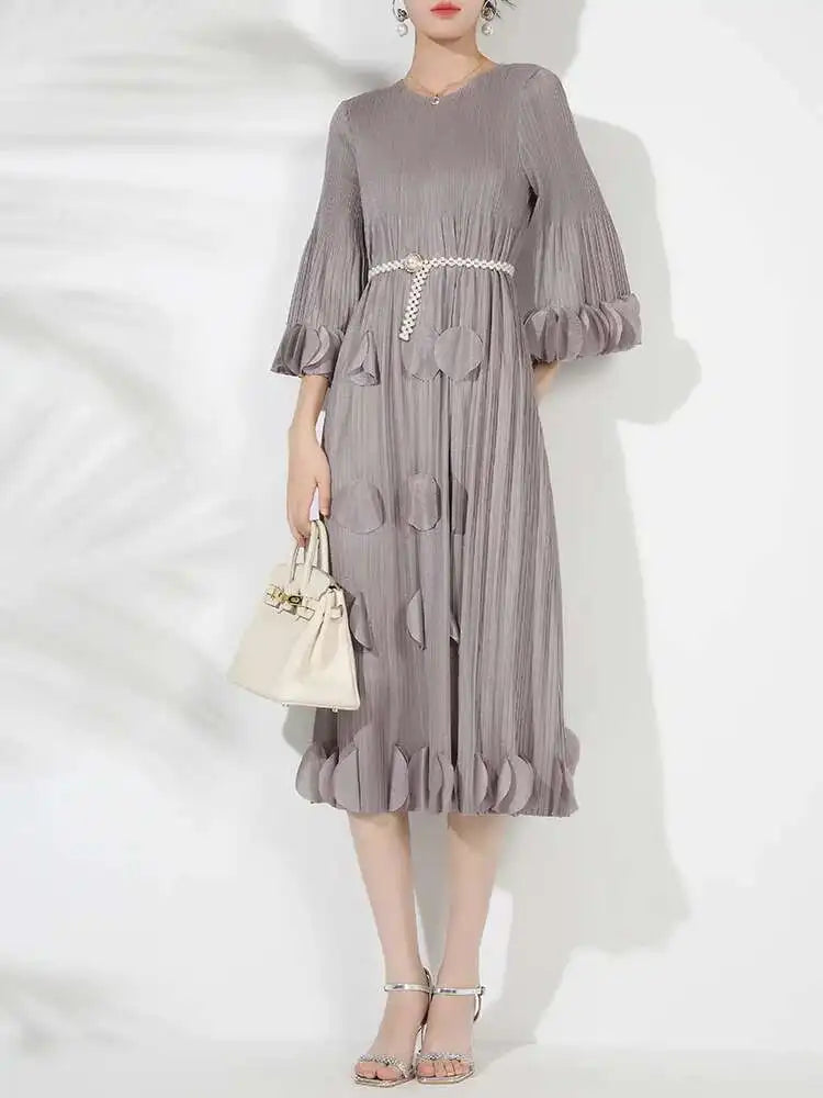 Premium Plissé 3/4 Sleeve Midi Dress