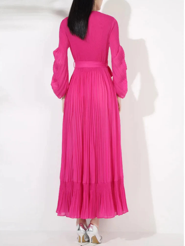 Ruffle Pleated V-Neck Dress