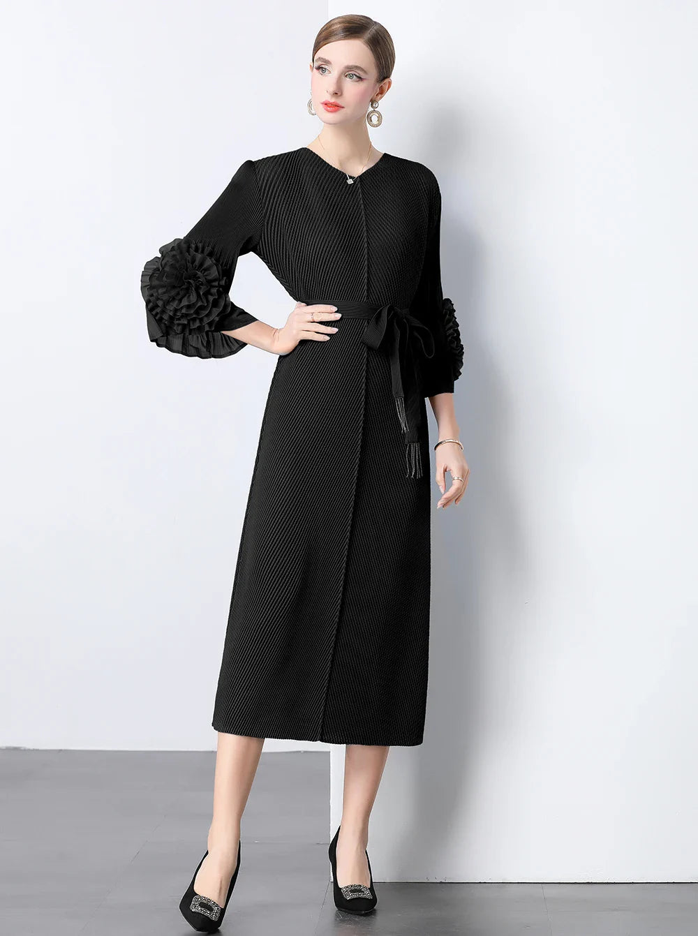 Floral Cape Sleeve Plisse Dress