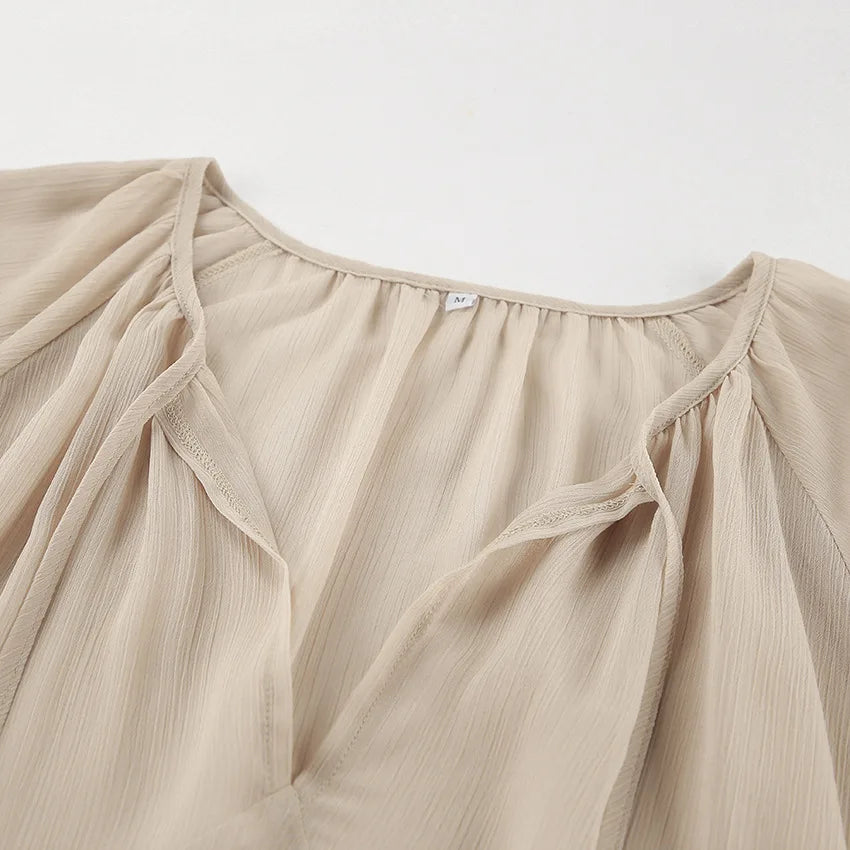 Luxe Sheer Beige Flowing Dress - Ruffled Long Sleeve