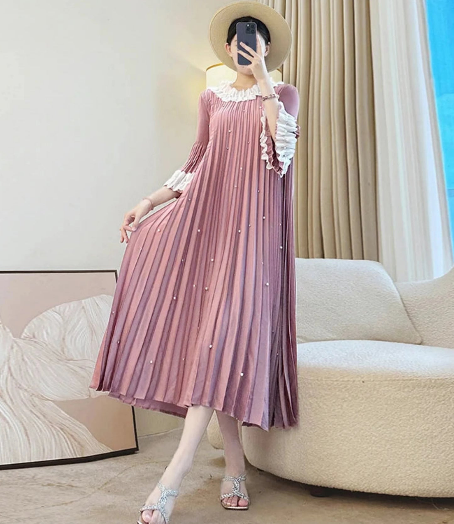 Plisse Ruffled Neckline Dress