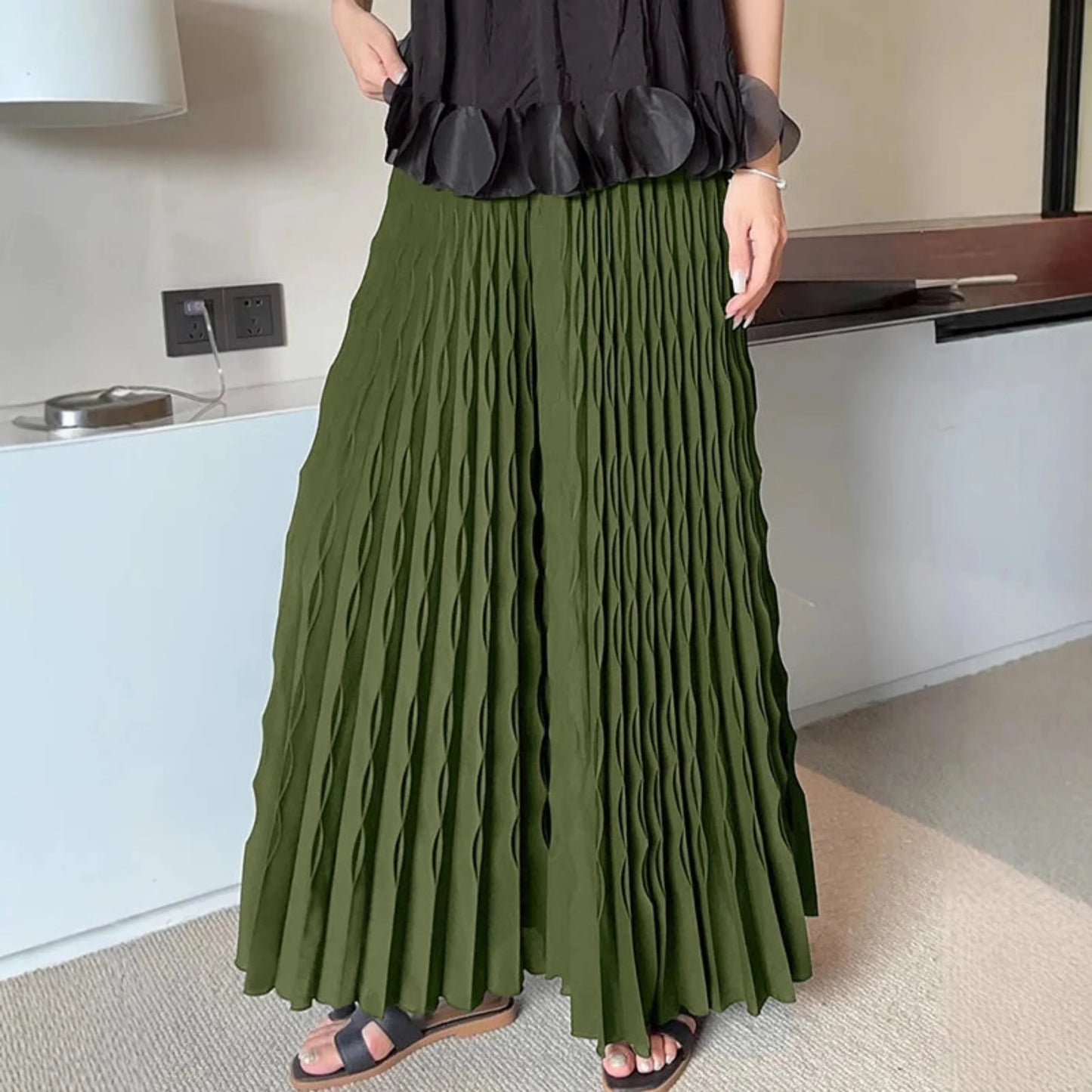 Pleated Chiffon Wide-Leg Trousers
