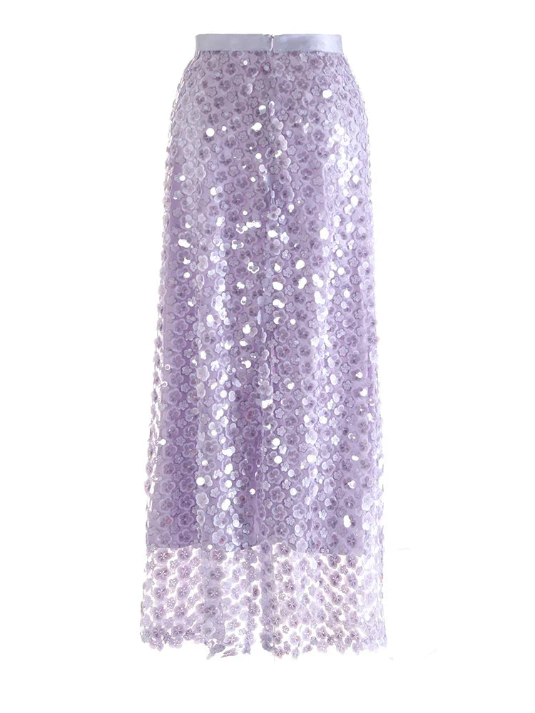 Floral Sequin Pull-On Midi Skirt